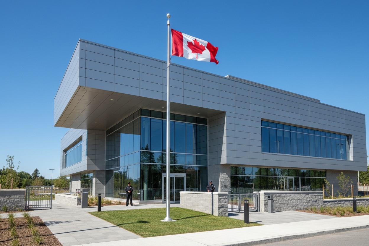 A modern office building with a glass facade and metal paneling features a Canadian flag flying on a pole in front.